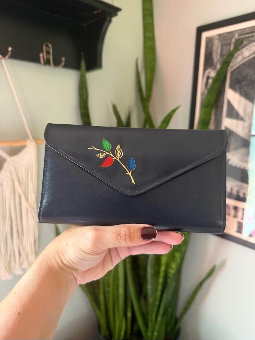 VTG 70s Princess Gardner Navy Leather Wallet with Suede Leaf Accent